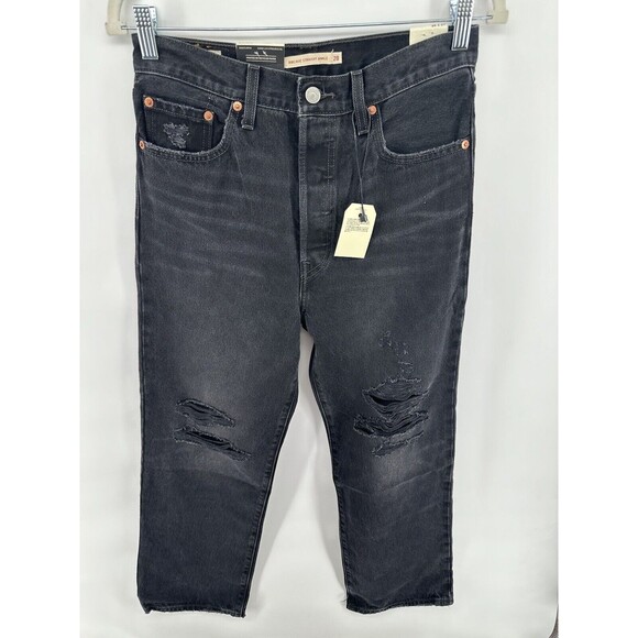 Levi’s Ribcage Straight AnkleJeans Dark Wash Gray 28x27 Button Fly Ripped